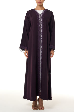 Purple Atlas Crepe Abaya, Lace Detail