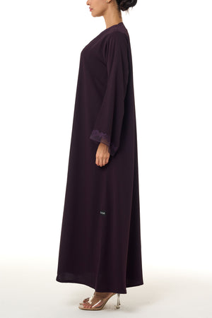 Purple Atlas Crepe Abaya, Lace Detail