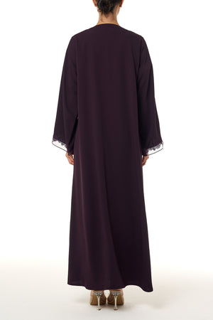 Purple Atlas Crepe Abaya, Lace Detail