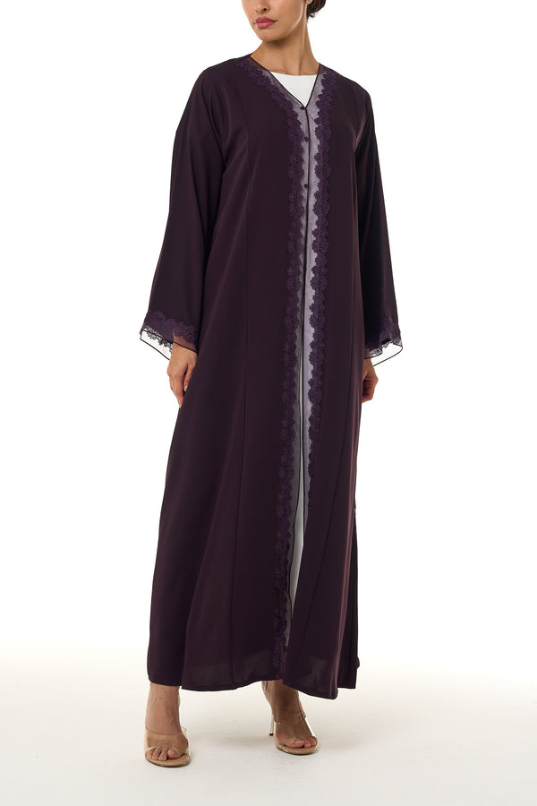 Purple Atlas Crepe Abaya, Lace Detail