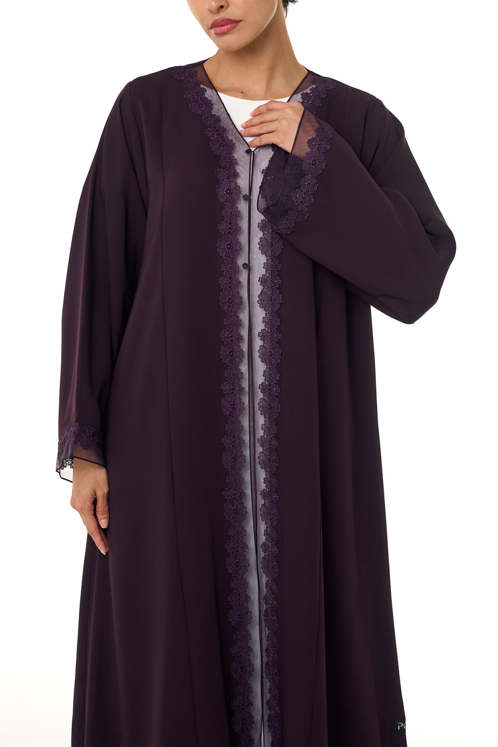 Purple Atlas Crepe Abaya, Lace Detail