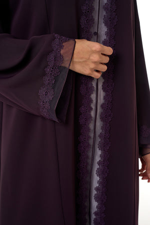 Purple Atlas Crepe Abaya, Lace Detail