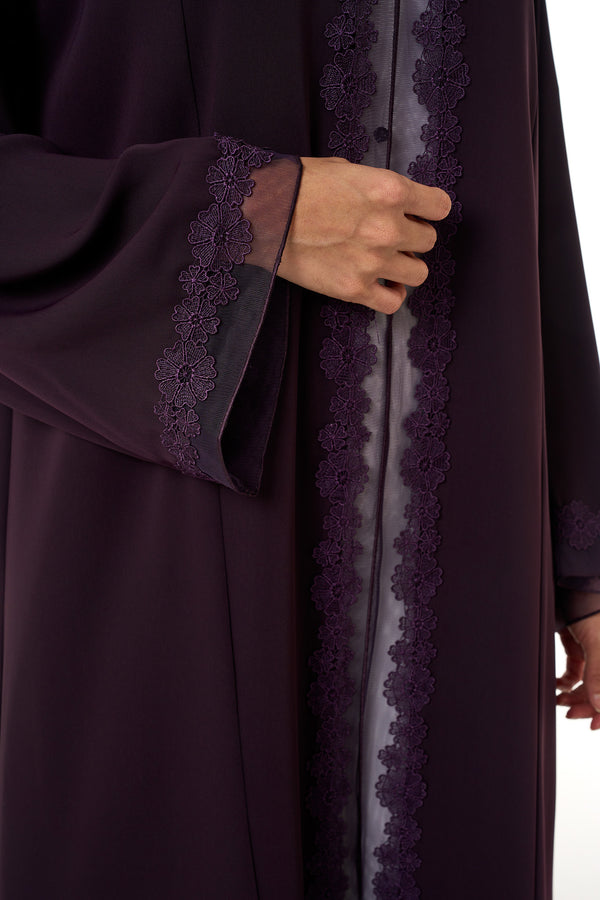 Purple Atlas Crepe Abaya, Lace Detail