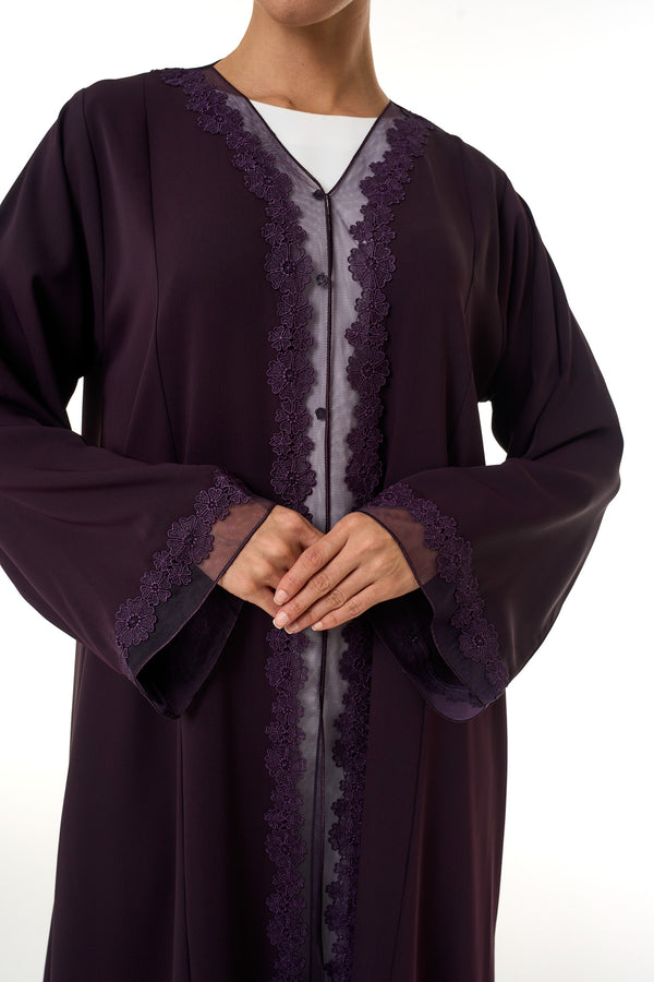 Purple Atlas Crepe Abaya, Lace Detail