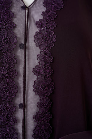 Purple Atlas Crepe Abaya, Lace Detail