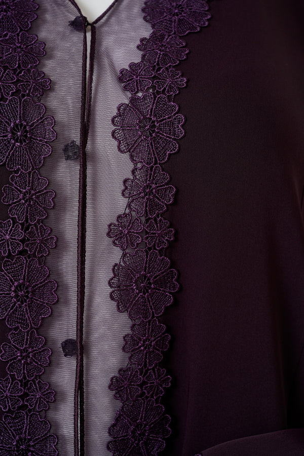 Purple Atlas Crepe Abaya, Lace Detail