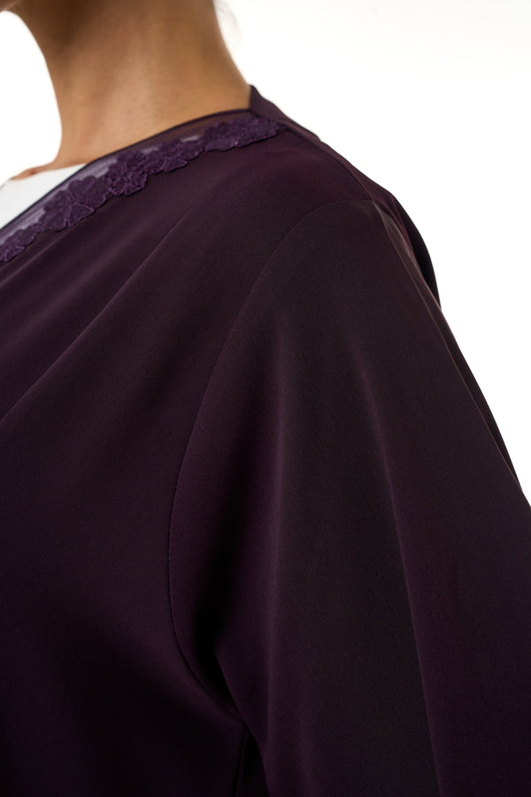 Purple Atlas Crepe Abaya, Lace Detail