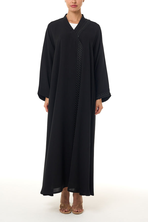 Black Atlas Crepe Abaya, Lace Detail