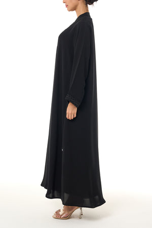 Black Atlas Crepe Abaya, Lace Detail