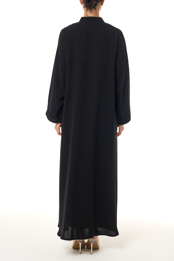 Black Atlas Crepe Abaya, Lace Detail