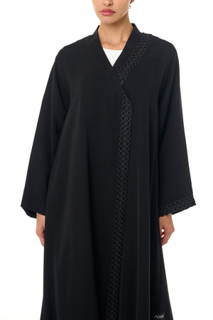 Black Atlas Crepe Abaya, Lace Detail