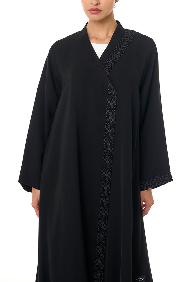 Black Atlas Crepe Abaya, Lace Detail