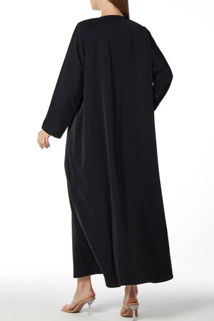 Black Crepe Ready Triangle Custom Abaya with Front Scattered Beadwork