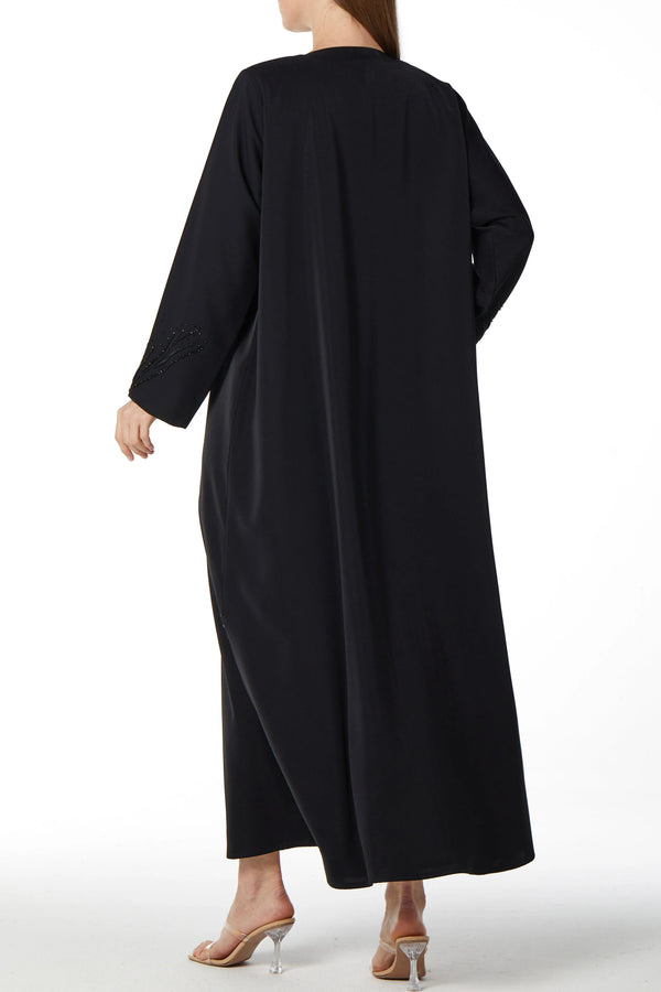 Black Crepe Ready Triangle Custom Abaya with Front Scattered Beadwork