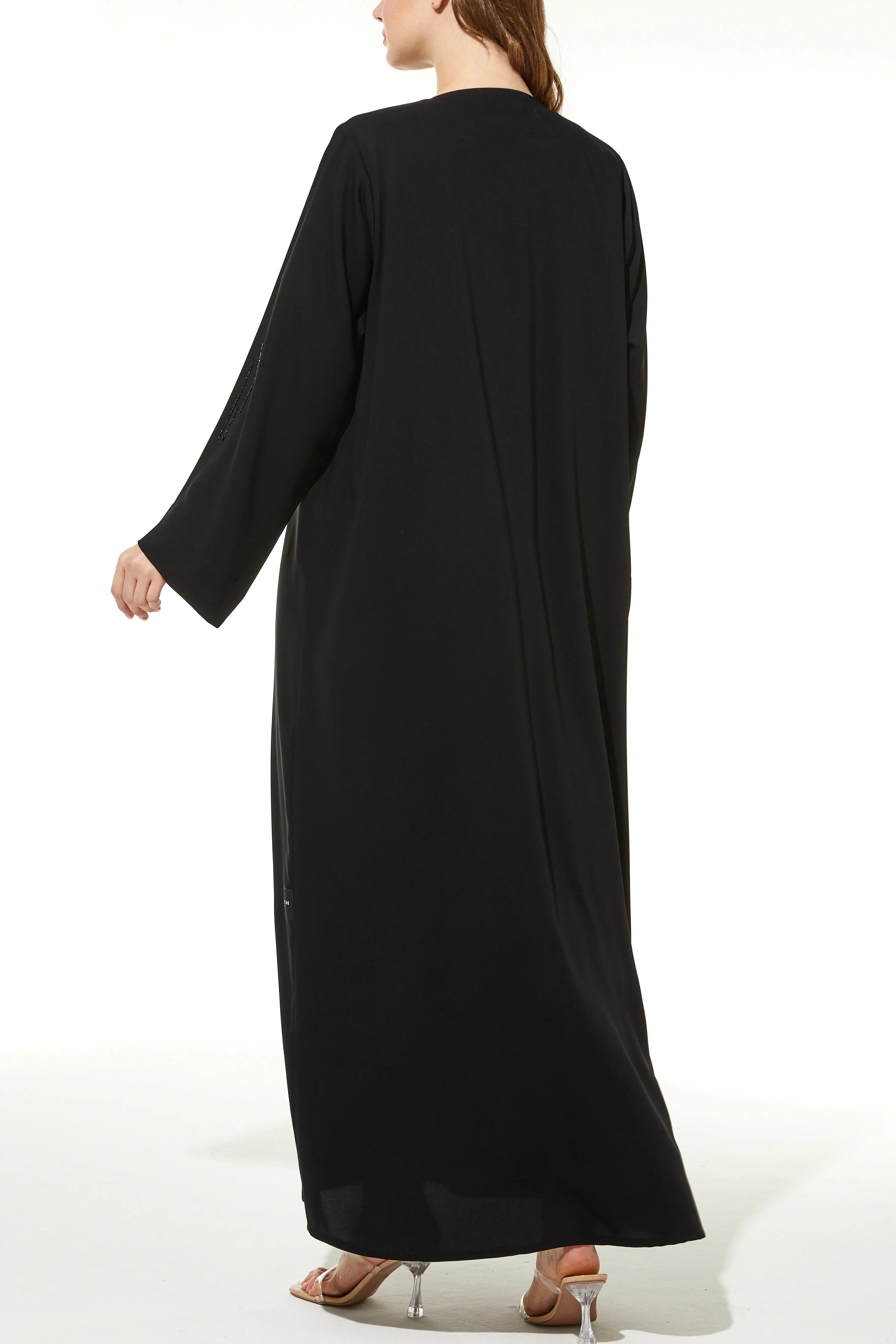 Black Rose Crepe Abaya with Front Linear Beadwork - Posh Abaya