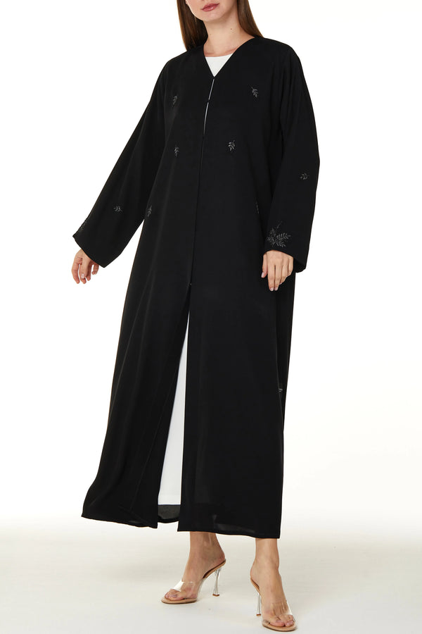 Black Farasha Crepe Custom Abaya with Front Floral Scatter Embroidery