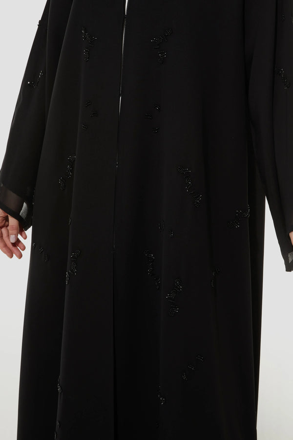 Custom Beaded Shadow Detail Flared Chiffon Custom Abaya  Black Abaya