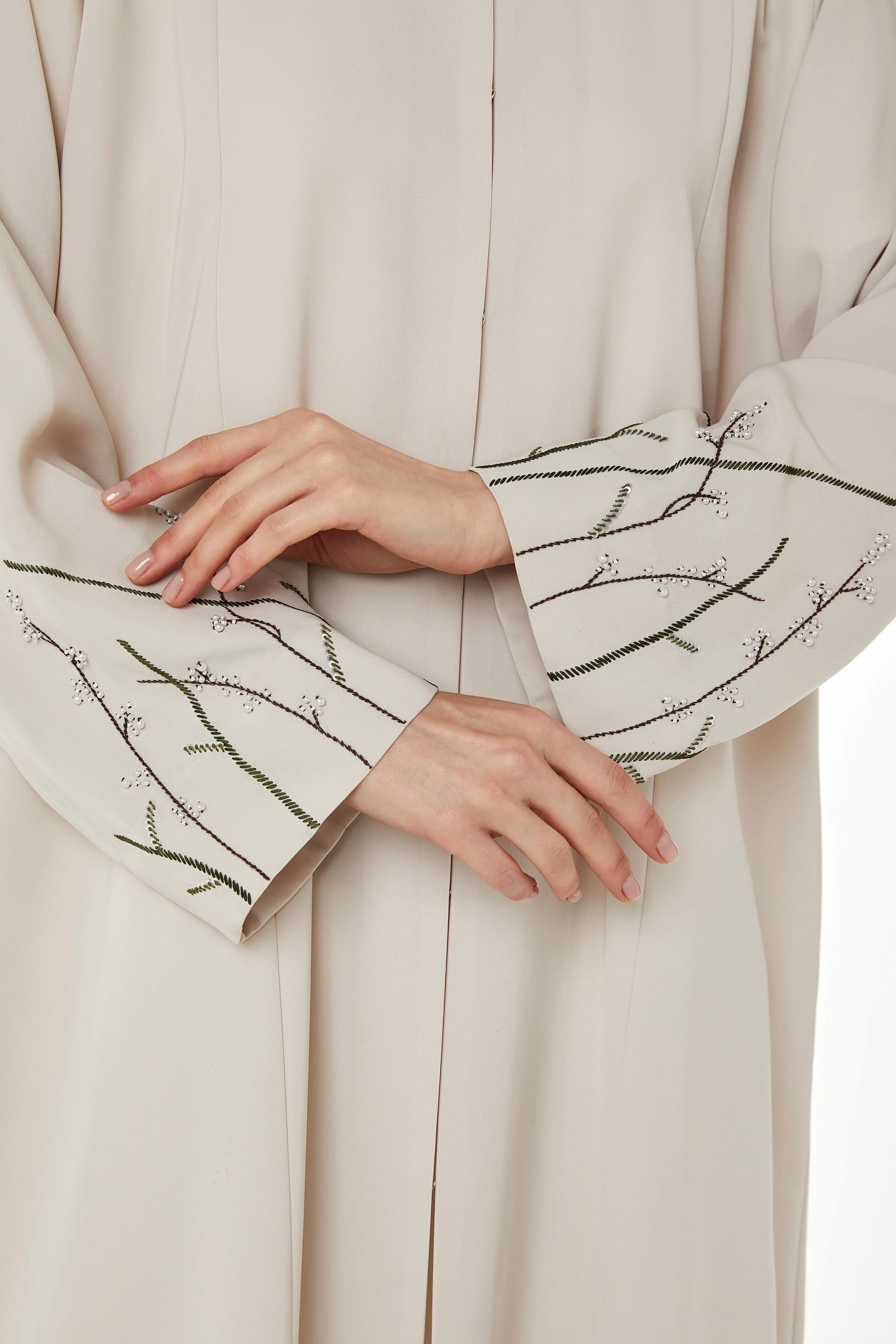 Beige Tokyo Crepe Abaya with Sleeves Embelishments - Posh Abaya