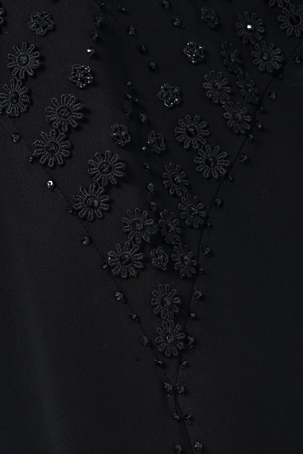 Black Royal Nada Abaya with Front Cut Adorned by Applique Flowers and Beadwork Detail - Posh Abaya