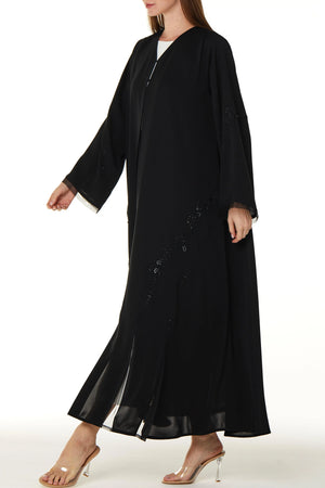 Black Royal Nada Custom Abaya, Side Beadwork with Pintuck Panels