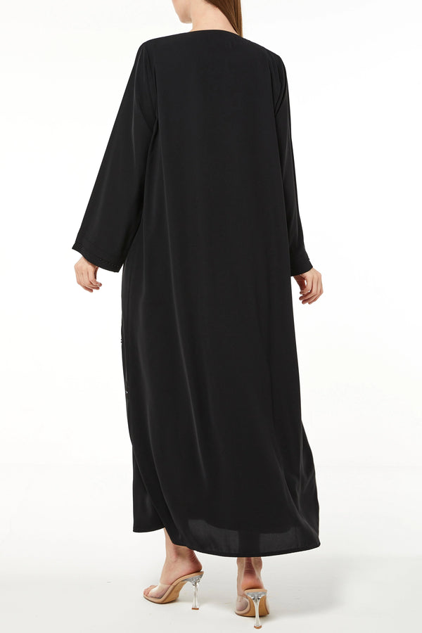 Black Tiana Crepe Custom Abaya with Front Beaded Pintuck