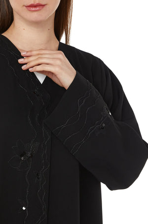 Black Farasha Crepe Abaya with Embroidered Front Overlap - Posh Abaya