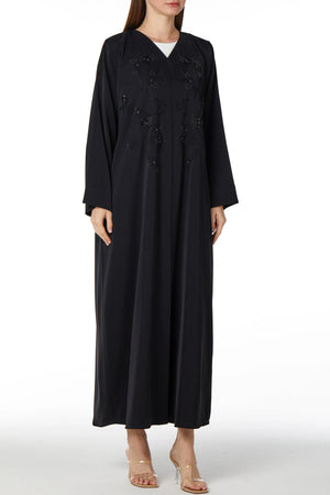 Black Rose Crepe Custom Abaya with Front Atrful Threadwork