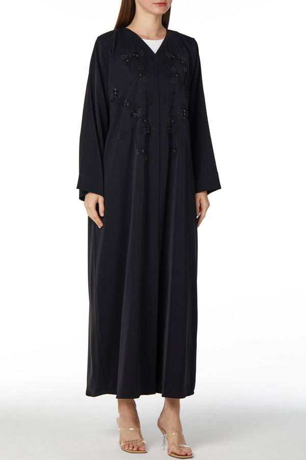 Black Rose Crepe Custom Abaya with Front Atrful Threadwork