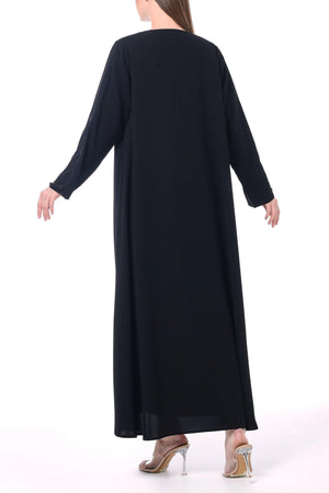 Black Layan Crepe Abaya with Geometric Sleeve Design - Posh Abaya