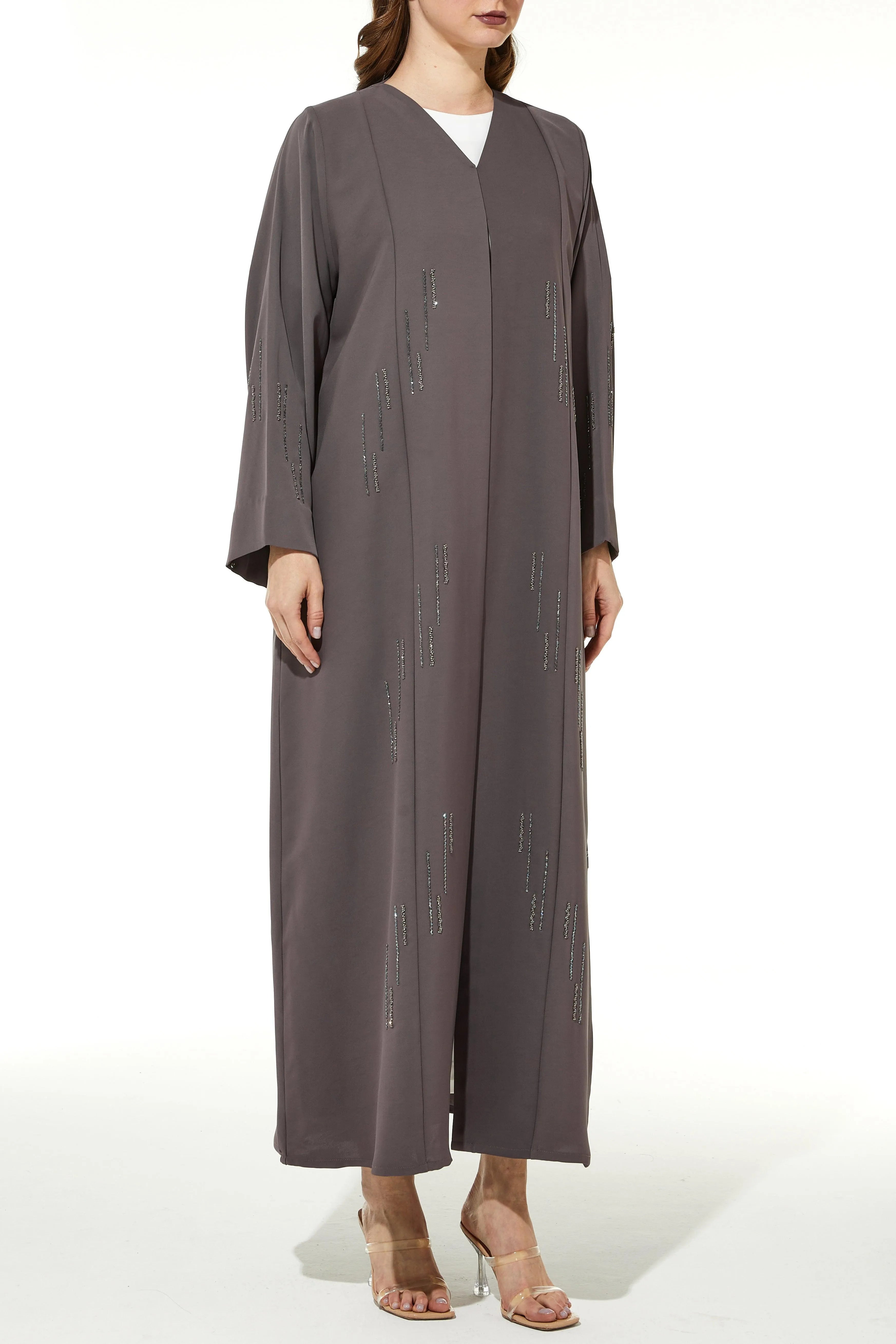 Light Brown Rose Crepe Abaya with Front Linear Beadwork - Posh Abaya