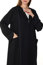 Black Layan Crepe Abaya with Collar and Piping Detail - Posh Abaya