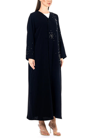 Black Layan Crepe Custom Abaya with Crystal Beadwork Detail
