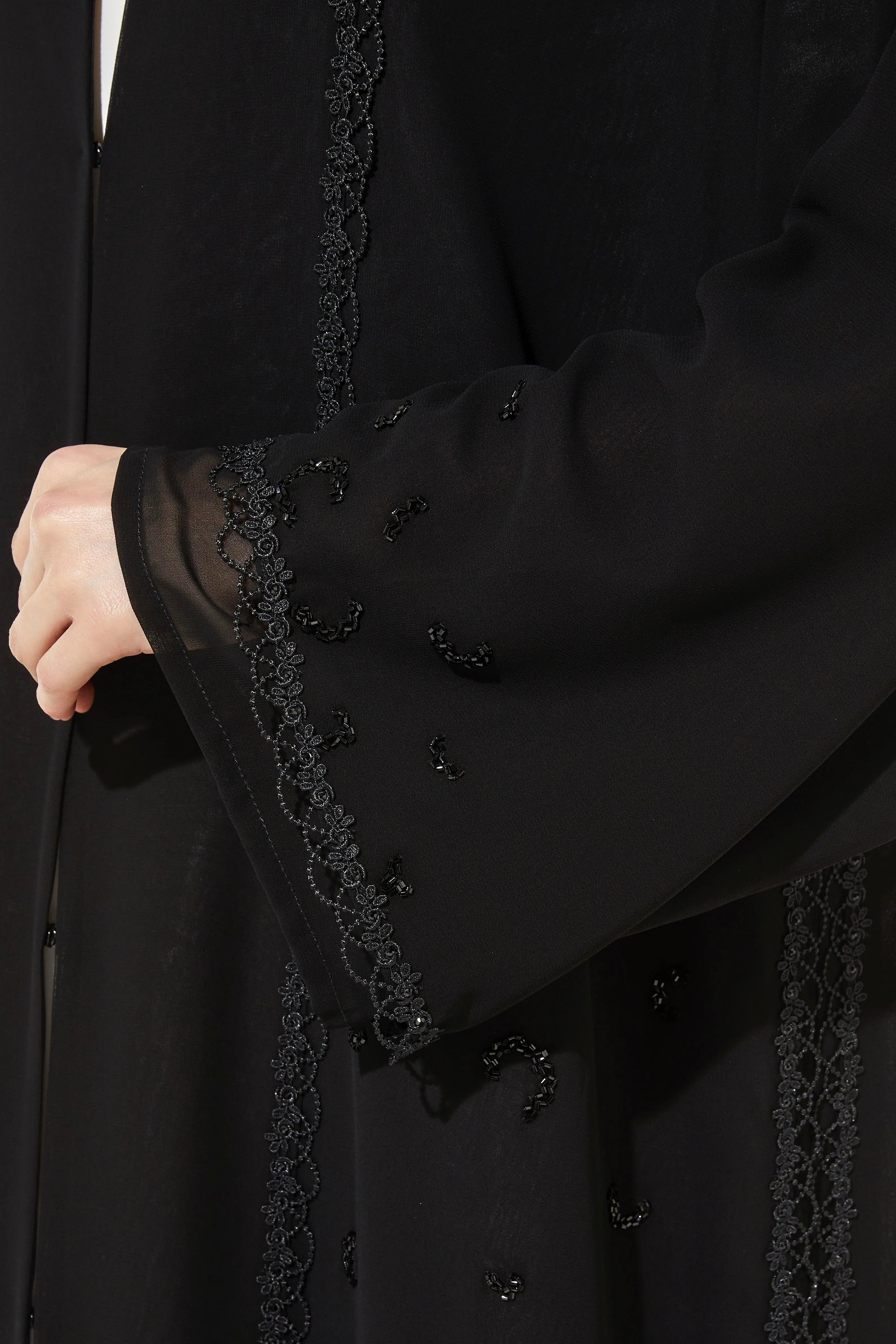 Black Lily Chiffon Abaya with Front Lace and Beadwork - Posh Abaya