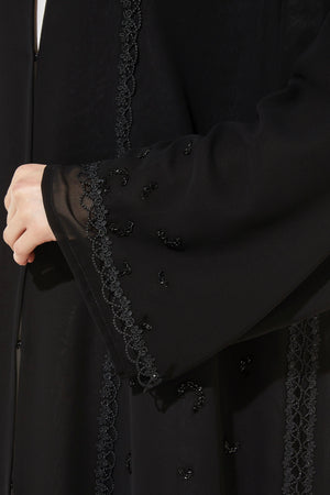 Black Lily Chiffon Custom Abaya with Front Lace and Beadwork