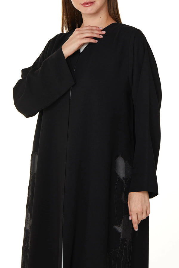 Black Aria Crepe Abaya with Floral Embroidery - Posh Abaya