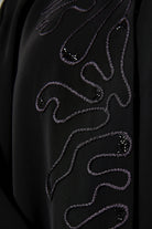 Black Aria Crepe Abaya with Asymmetric Threadwork - Posh Abaya
