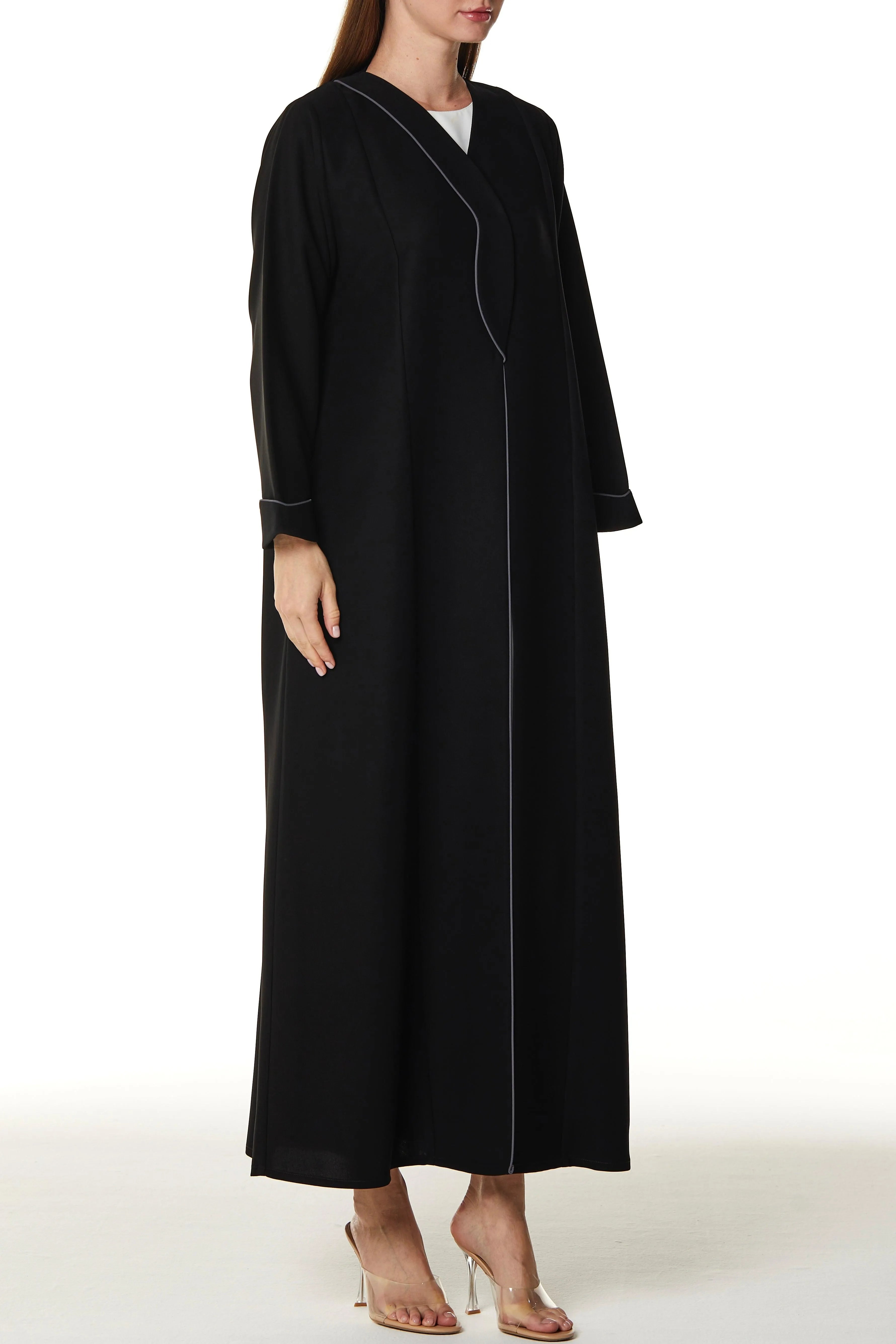 Black Melanie Crepe Abaya with Front Overlap and Edge Piping - Posh Abaya