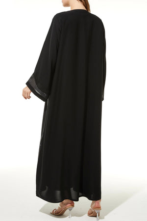Black Classic Nada Custom Abaya with Front Semi Floral Beadwork