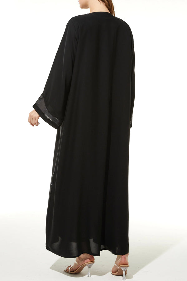 Black Classic Nada Custom Abaya with Front Semi Floral Beadwork