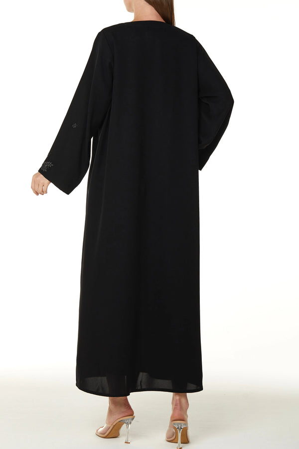 Black Farasha Crepe Custom Abaya with Front Floral Scatter Embroidery