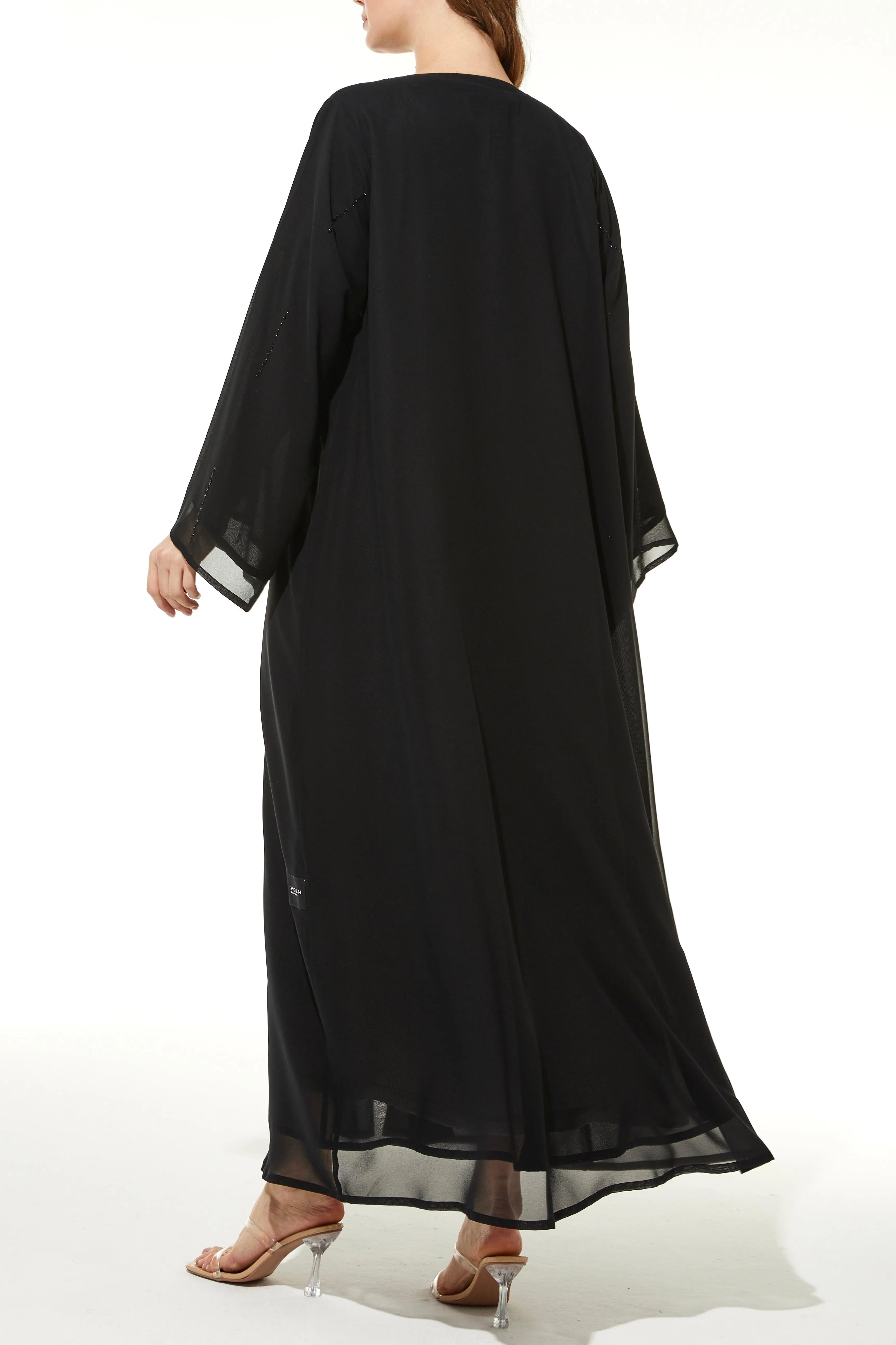 Black Lily Chiffon with Front Shiny Threadwork and Beadwork - Posh Abaya