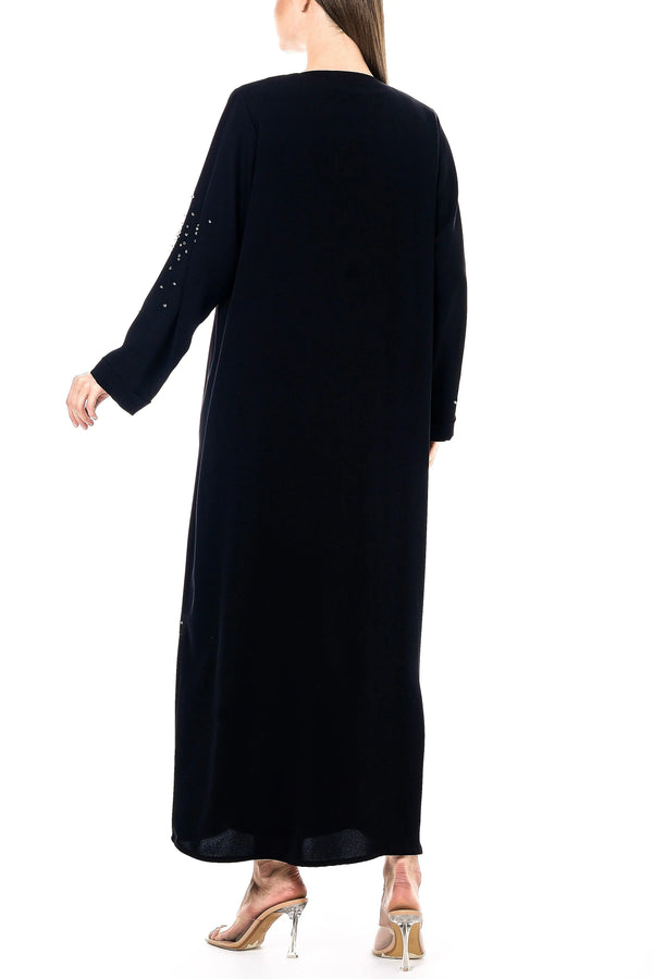 Black Layan Crepe Custom Abaya with Crystal Beadwork Detail