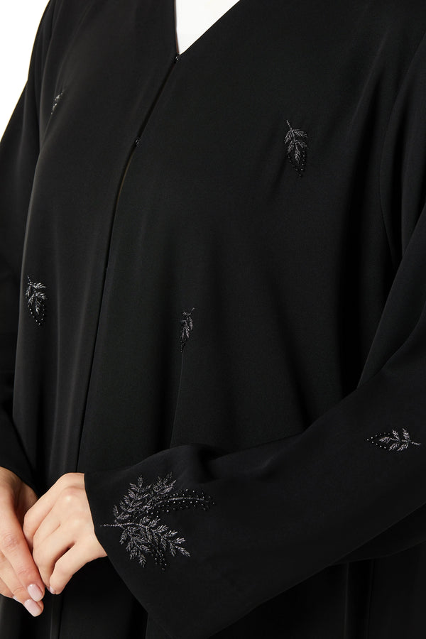 Black Farasha Crepe Custom Abaya with Front Floral Scatter Embroidery