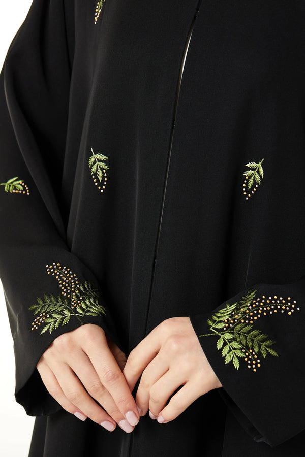 Black Farasha Crepe Custom Abaya with Front Vibrant Floral Scatter Embroidery