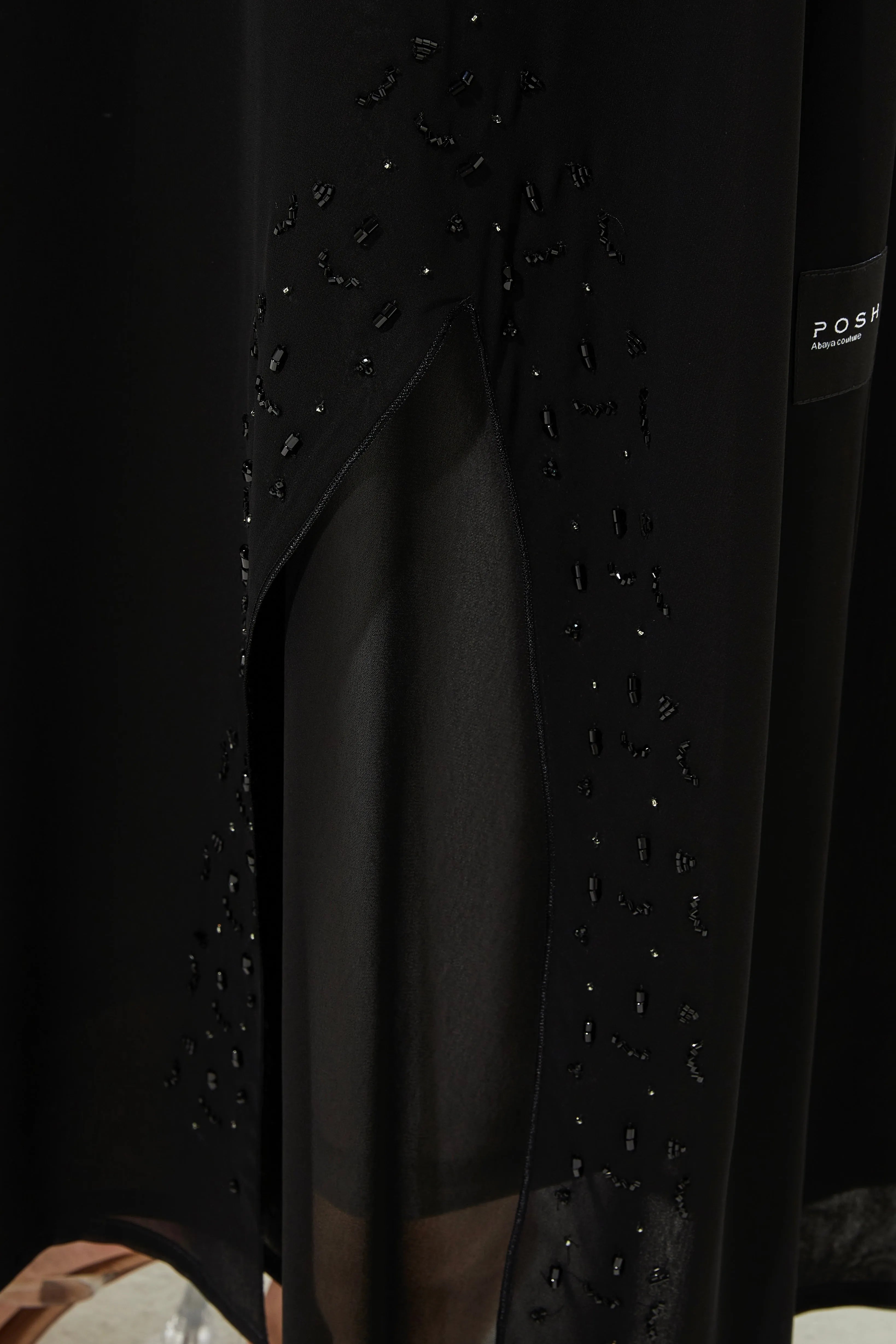 Silver touch Bead on Chiffon Flare Black Abaya - Posh Abaya