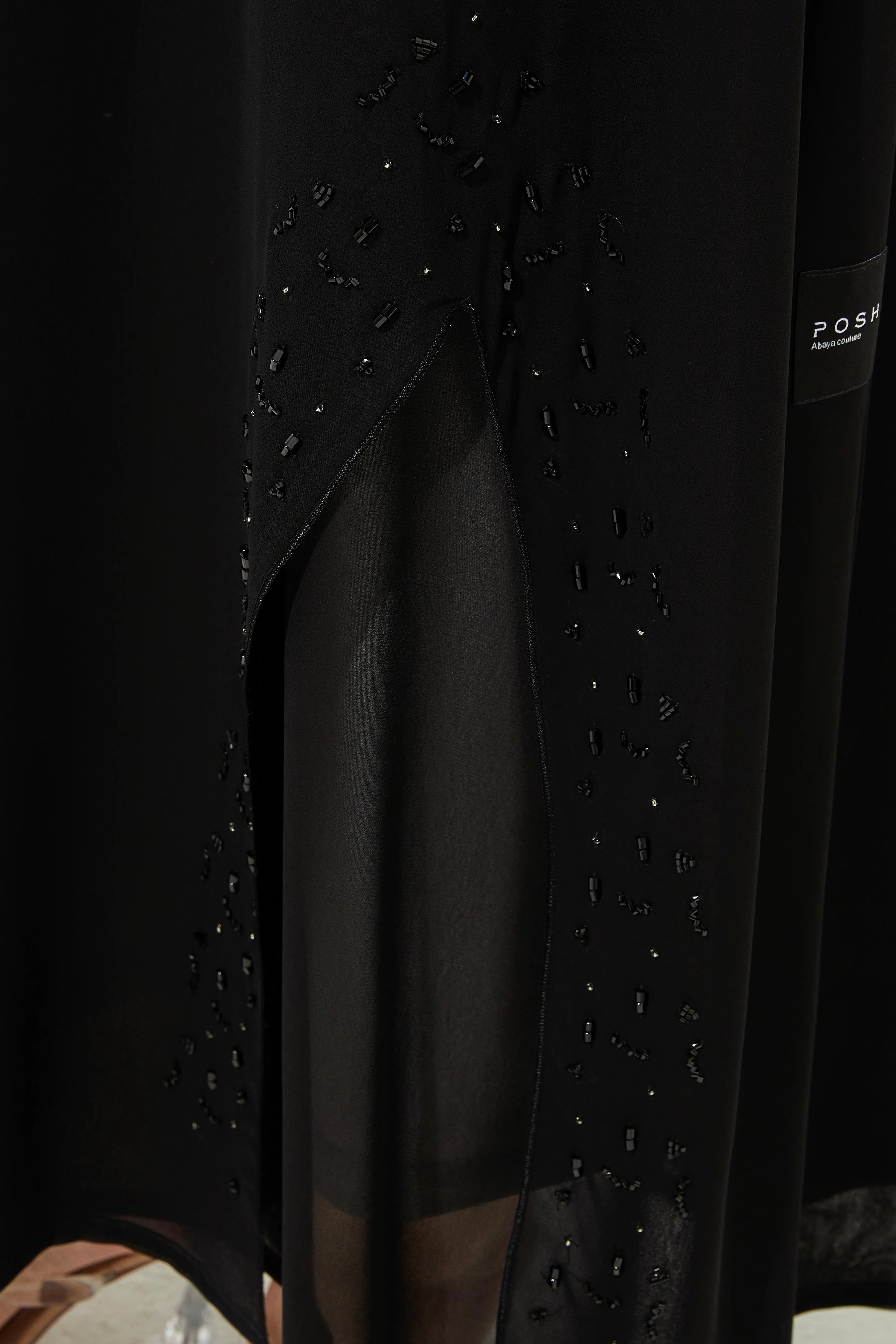 Black Layered Chiffon Flared Custom Abaya with Black & Silver Beadwork - Posh Abaya