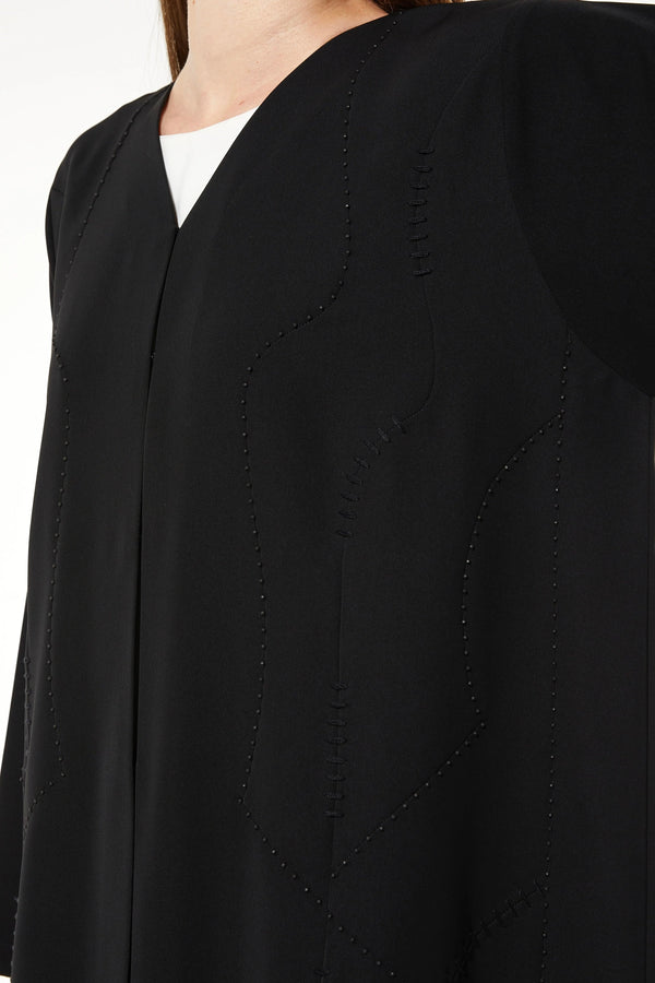 Black Tokyo Crepe Custom Abaya with Front Threadwork