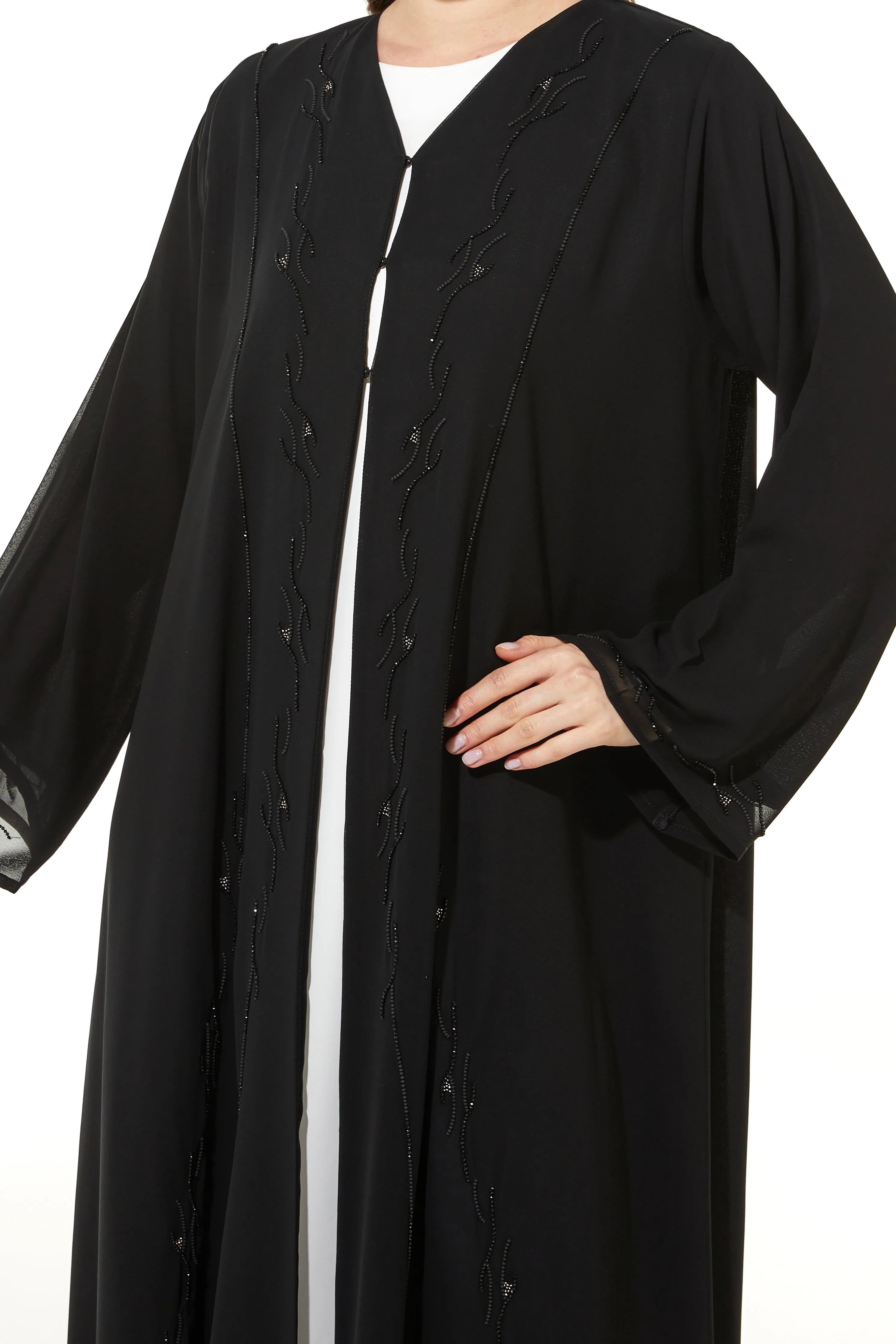 Chiffon Flare with Copper Bead Black Abaya - Posh Abaya