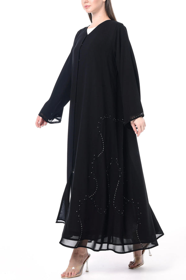 Black Khalifa Chiffon Custom Abaya with Hand-Beaded Details