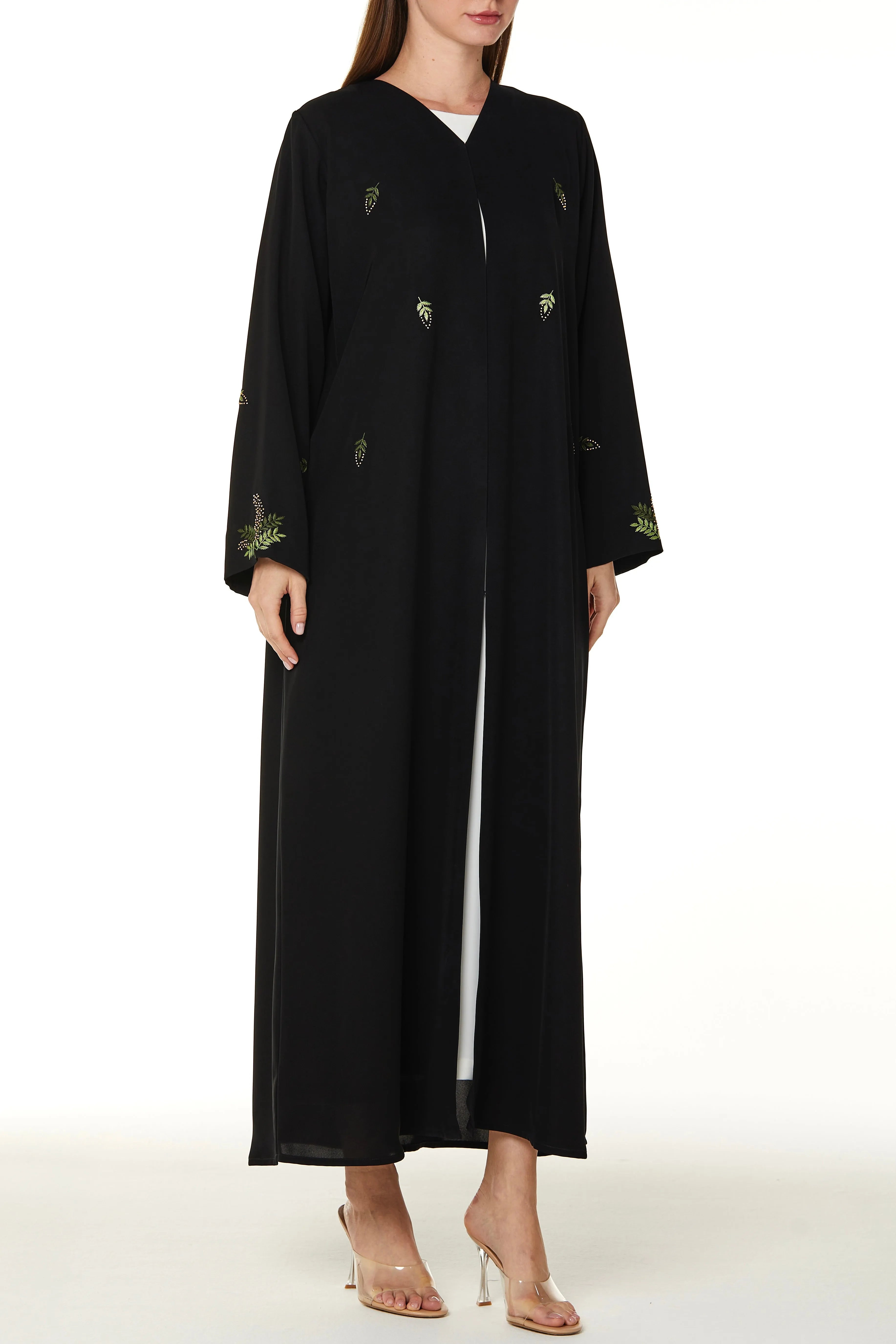 Black Farasha Crepe Abaya with Front Vibrant Floral Scatter Embroidery - Posh Abaya